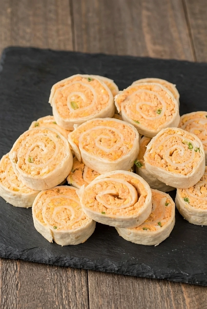 A full serving of Buffalo chicken pinwheels arranged on a neutral platter with space around the tortilla spirals.