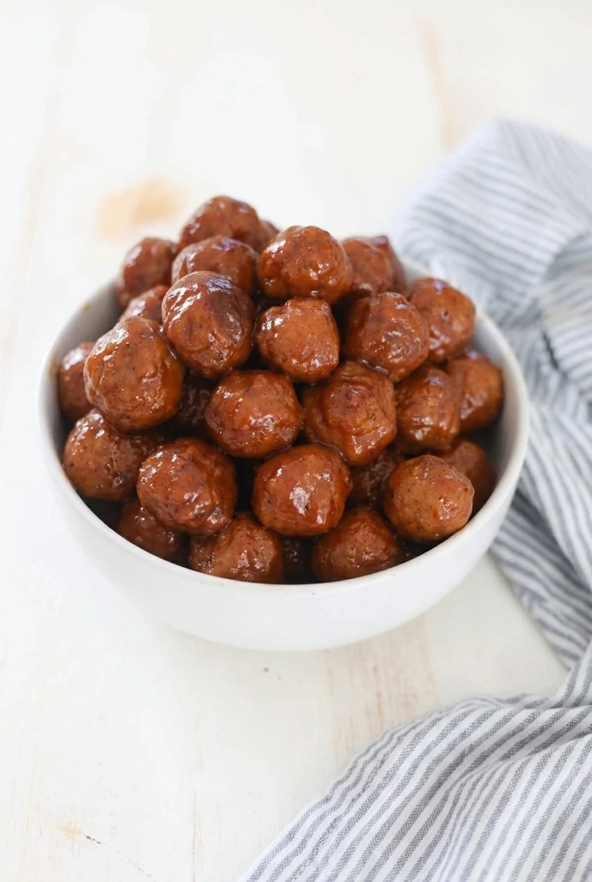 A full bowl of Slow Cooker BBQ Meatballs on a light striped cloth, viewed from farther back