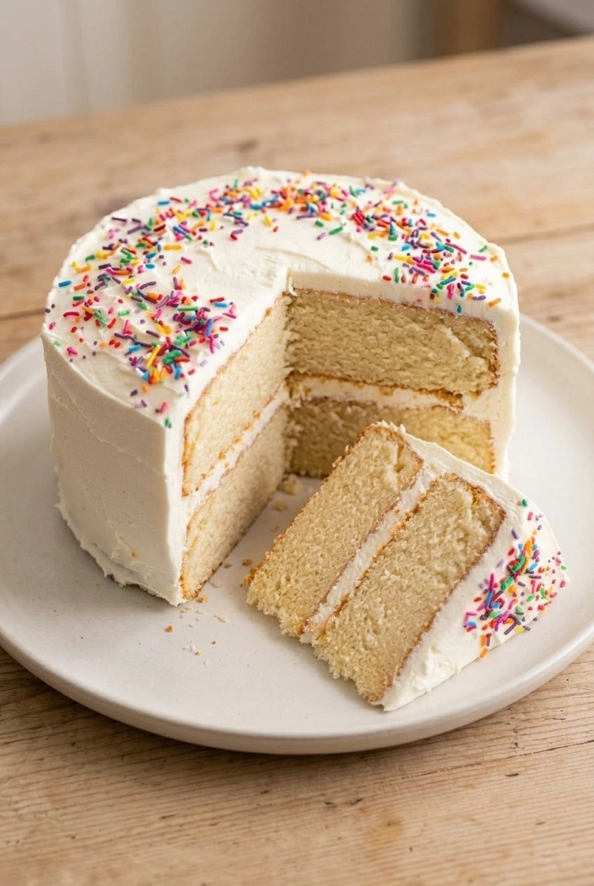 Whole vanilla birthday cake with one slice beside it, showing two layers of buttercream and rainbow sprinkles