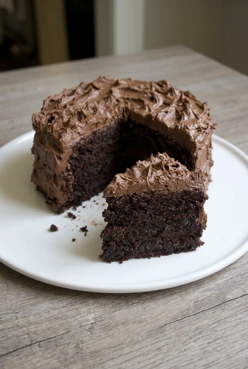 A chocolate birthday cake with one wedge removed and served on the same platter, showing its two layers and frosting.
