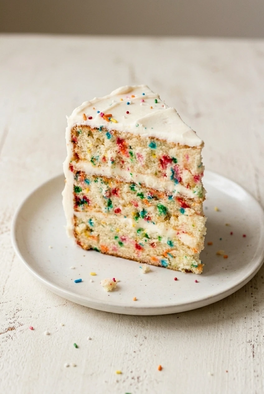 A full slice of three-layer Funfetti birthday cake centered on a neutral plate with surrounding surface visible.