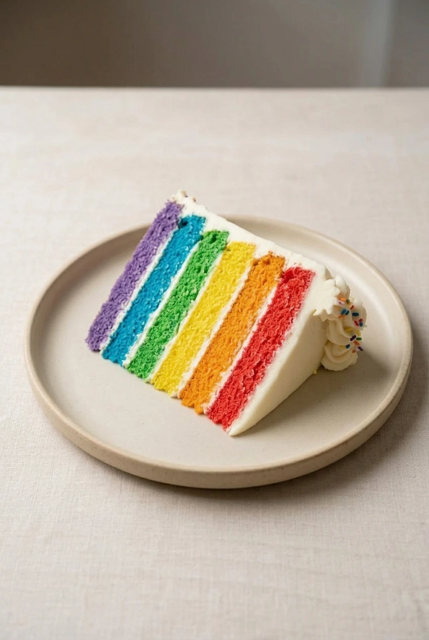 A full plate with a rainbow cake slice, showing all six colors and its white frosted edge