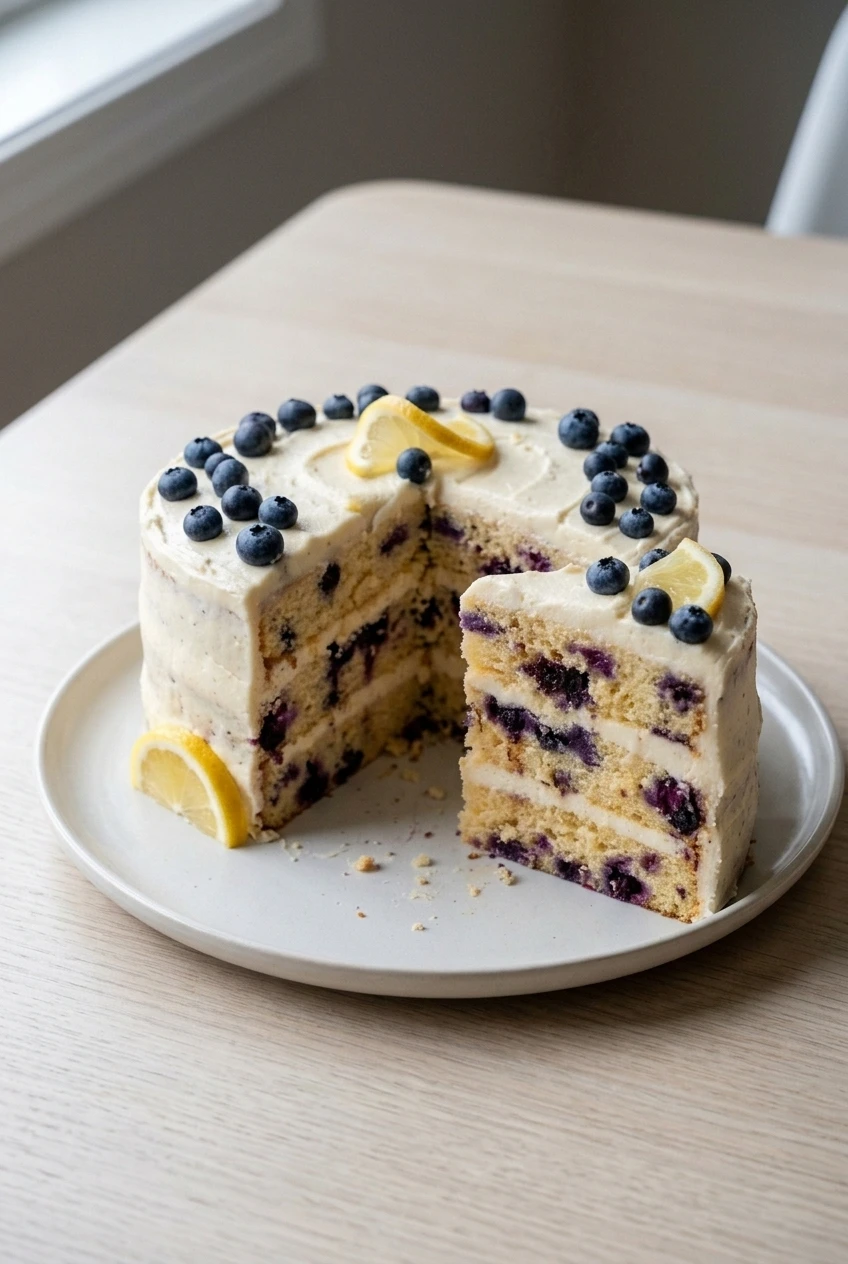 Nearly whole three-layer lemon blueberry cake with a cut wedge beside it on a pale serving plate.