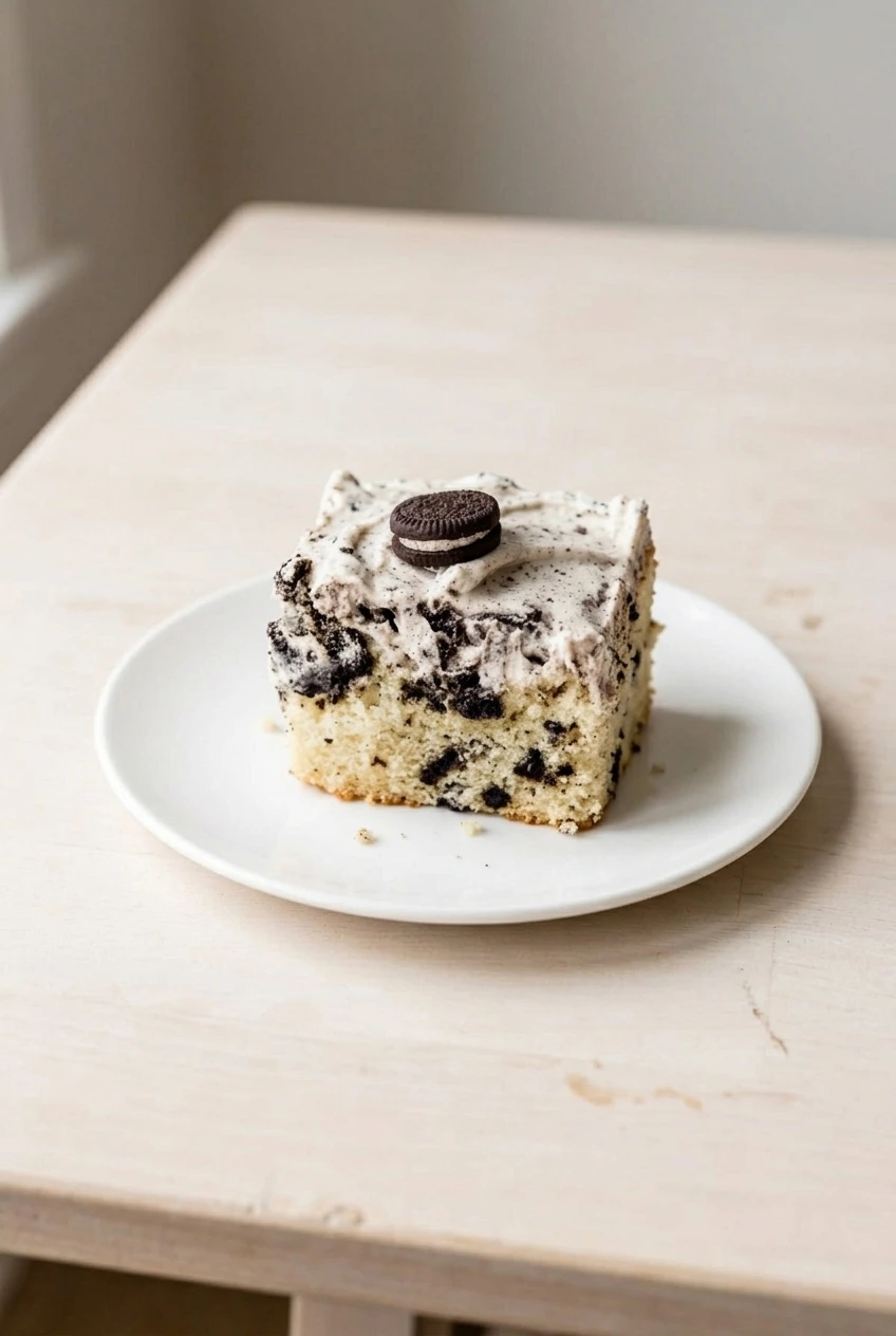 A full square serving of Oreo cookies and cream sheet cake centered on a white plate with neutral surface around it.