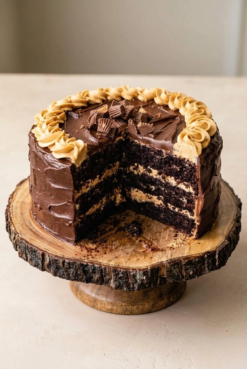 Wider view of the full chocolate peanut butter birthday cake on a rustic wood-slice stand, with its cutaway visible.