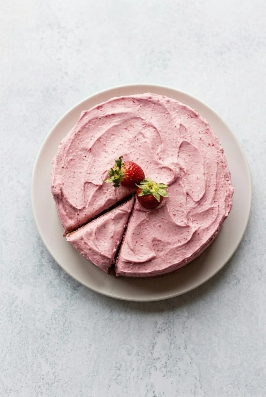 Wider view of the whole pink-frosted strawberry birthday cake and light plate on a pale stone surface