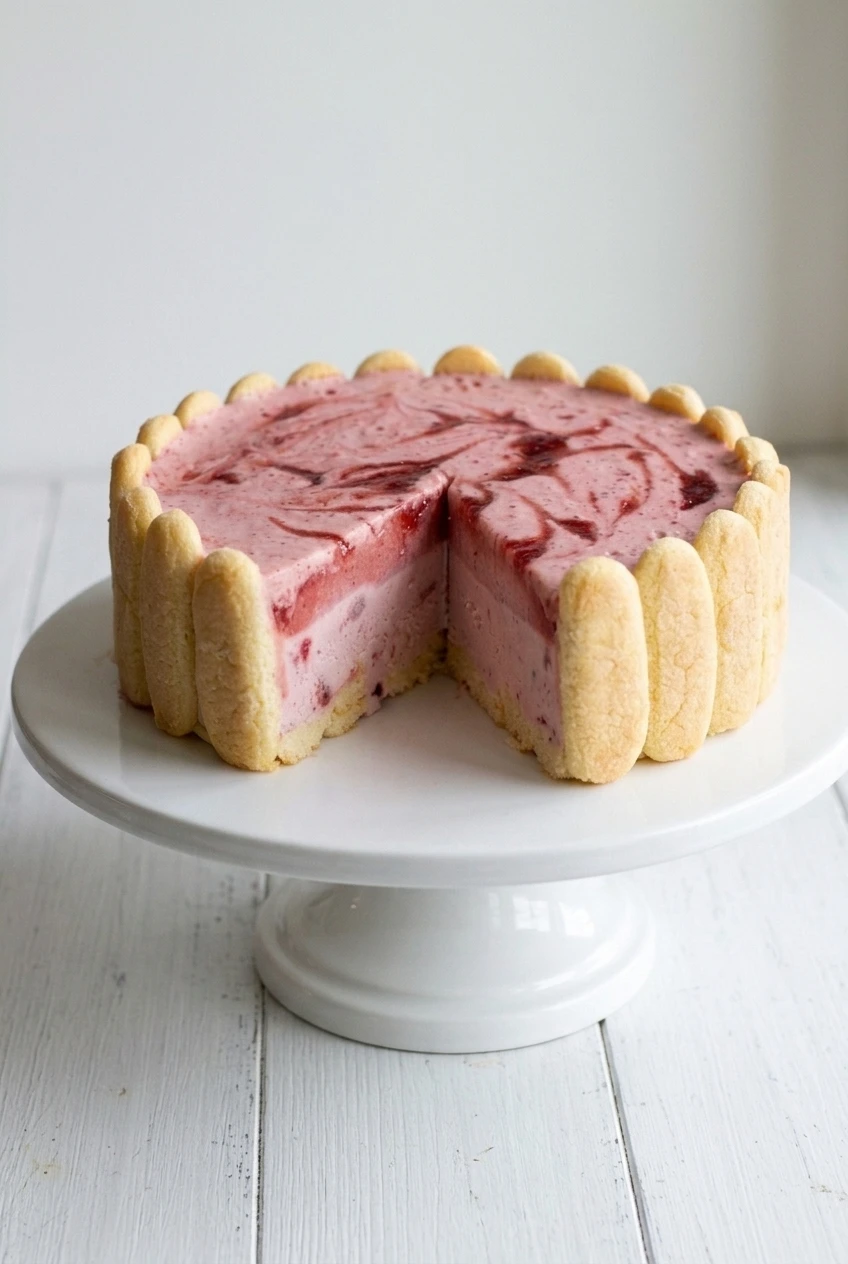 Whole strawberry birthday ice cream cake on a white pedestal stand, with ladyfinger sides and a wedge removed.
