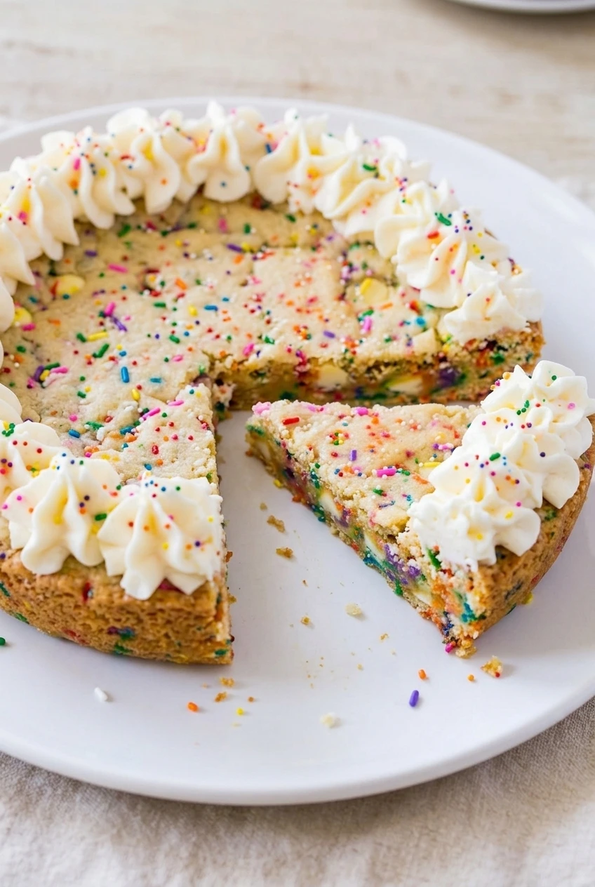 Whole funfetti cookie cake with one wedge served in front, showing its piped buttercream border