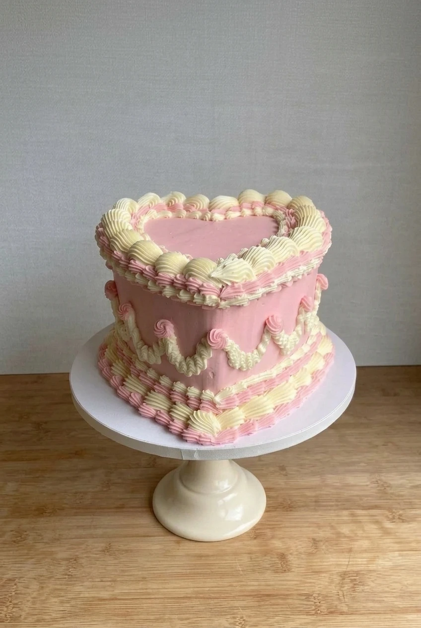 Wide view of the whole vintage heart birthday cake and pedestal stand on a wood surface