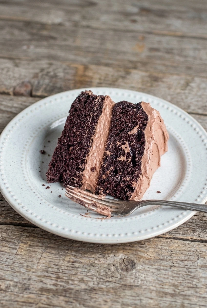 A side-turned slice of sugar-free chocolate layer cake sits on a white plate, with the full plate and more table surface visible.