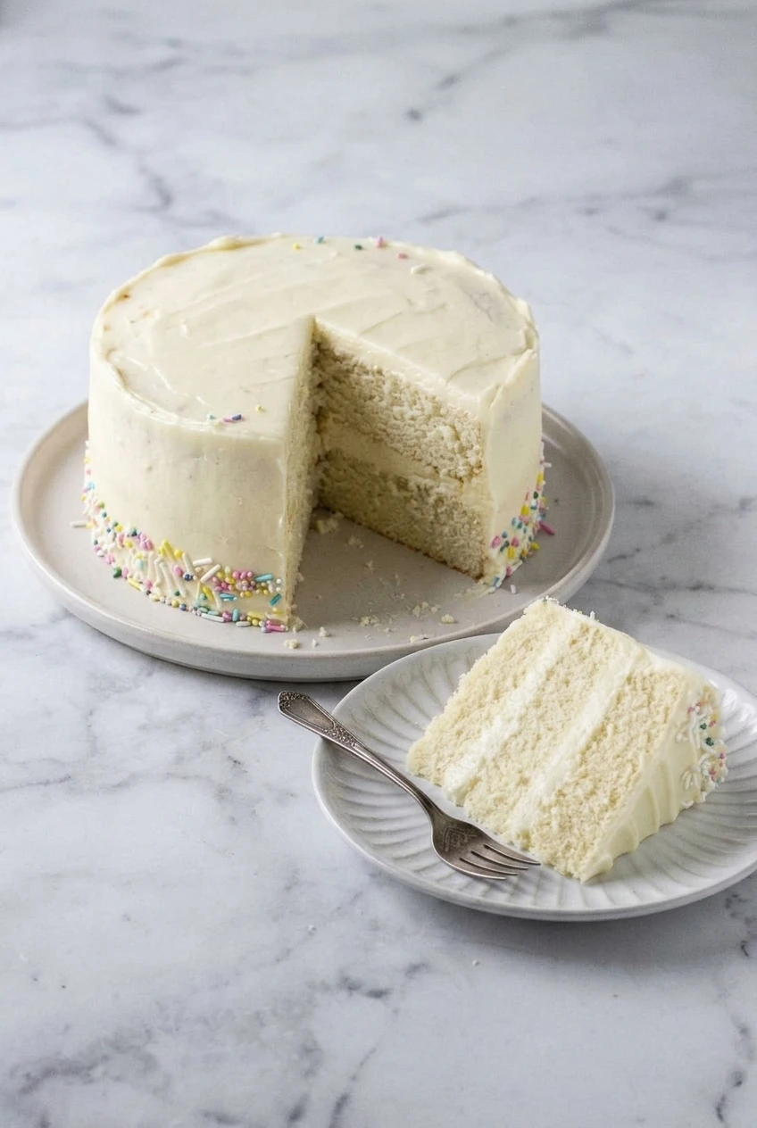 A small round sugar-free vanilla layer cake with cream cheese frosting and sprinkles, shown with a cut wedge