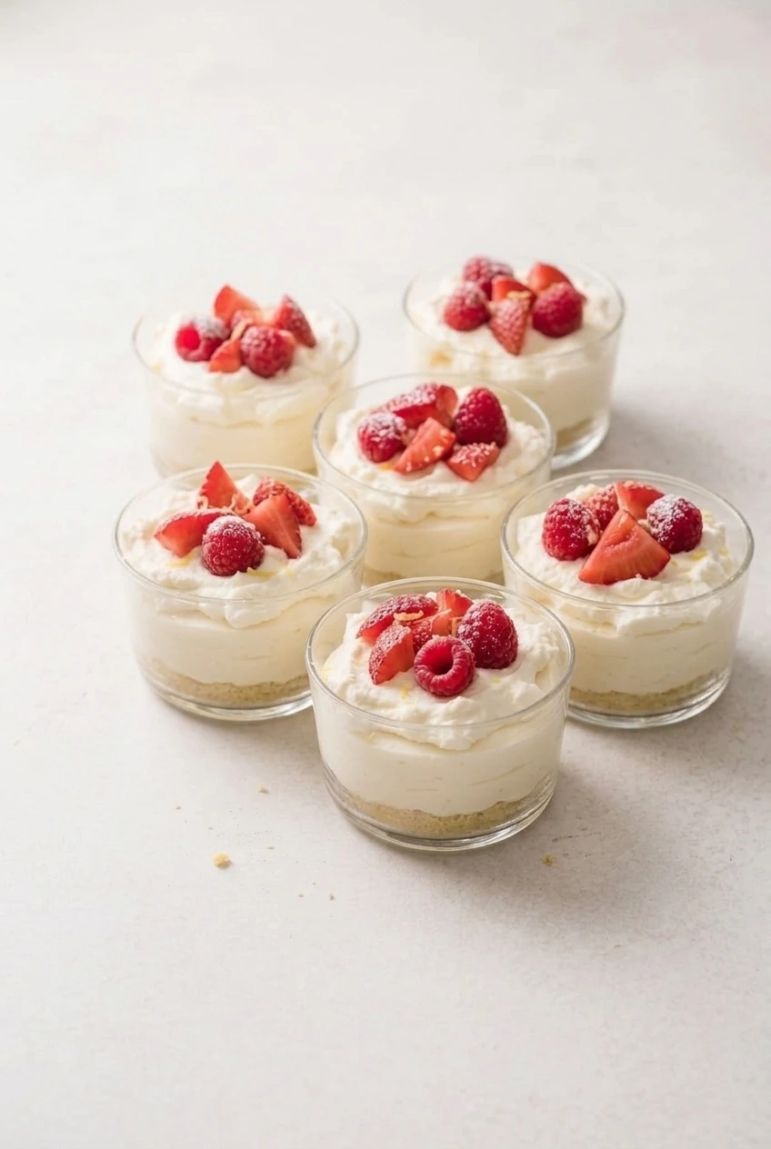 A wider view of six berry-topped no-bake cheesecake cups grouped on a pale surface
