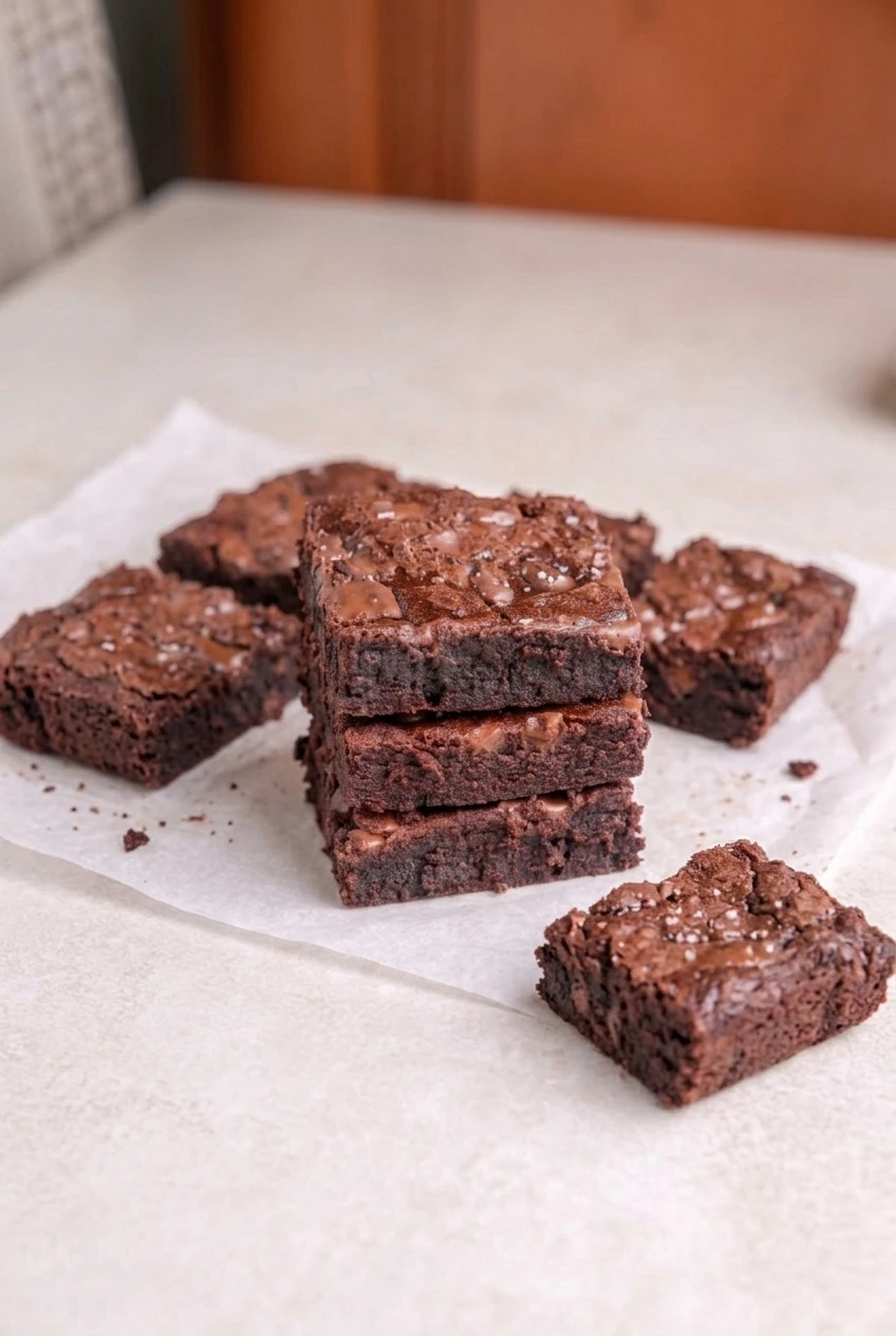 A wider view of sugar-free fudgy brownie squares stacked with the remaining portions on parchment