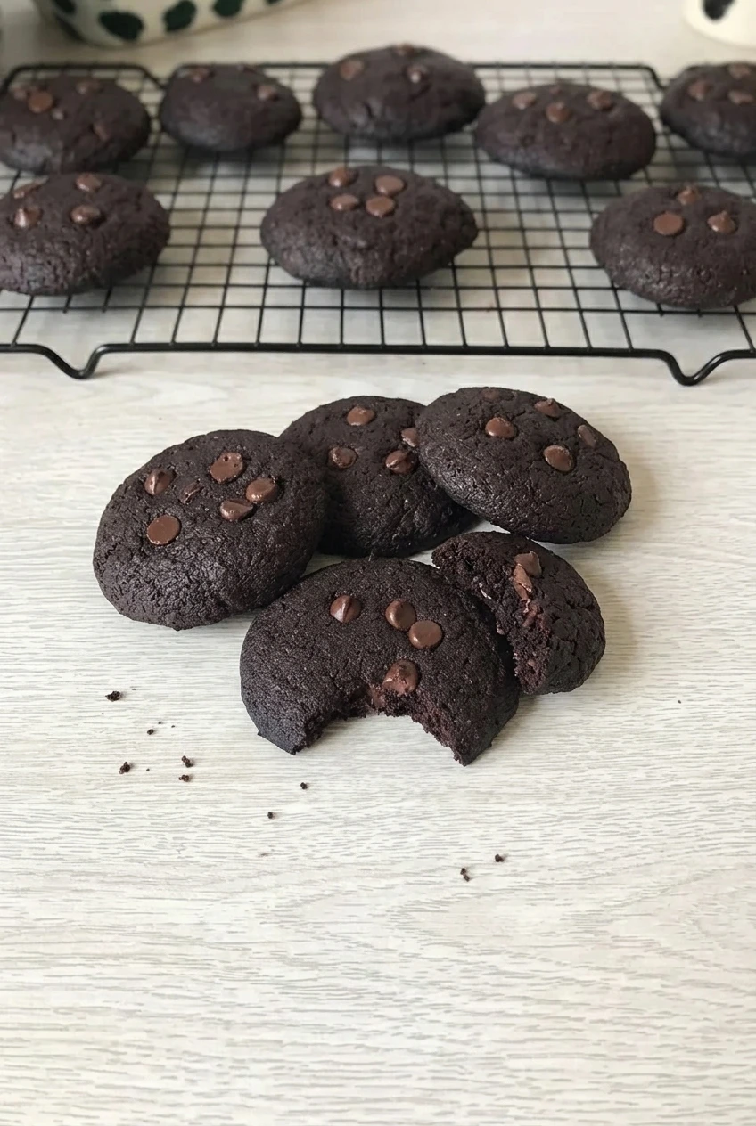 A wider view of dark cocoa sugar-free chocolate chip cookies arranged on a pale wooden board