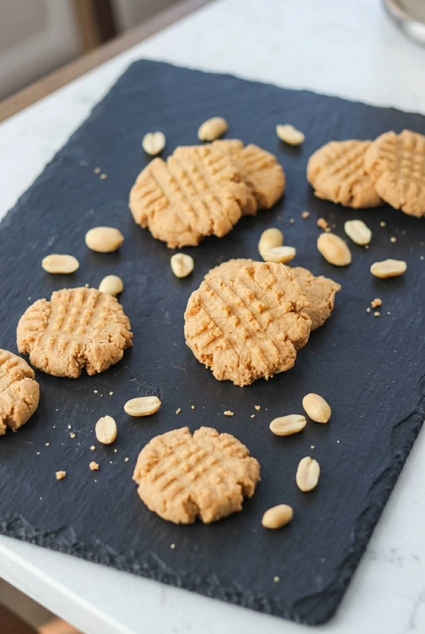 A full serving of fork-marked sugar-free peanut butter cookies arranged on dark slate