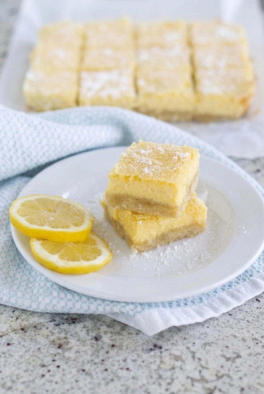 A full plate of stacked sugar-free lemon bars with lemon slices, powdered sweetener, and pale patterned cloth around it