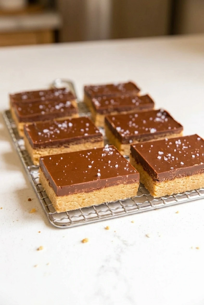 A full serving of rectangular peanut butter bars with chocolate tops and flaky salt on a wire rack