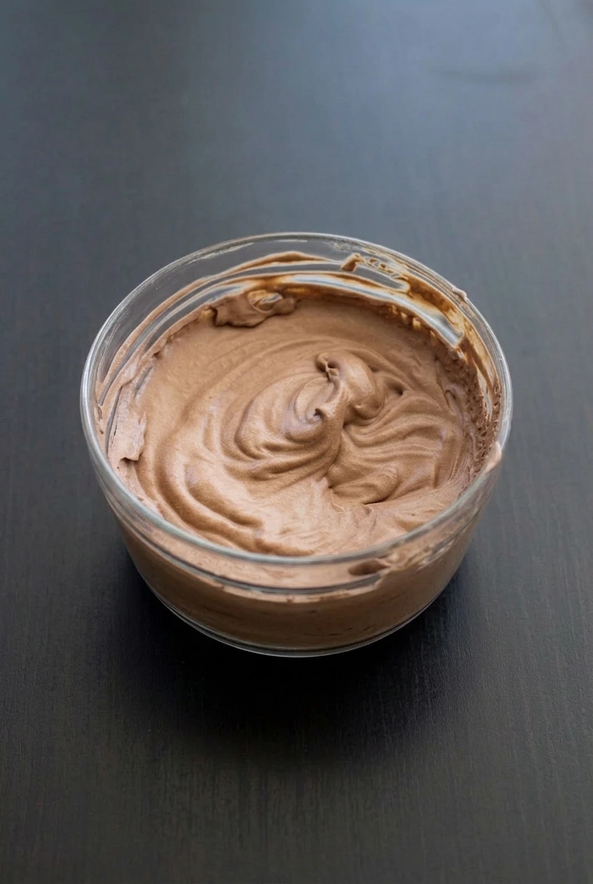 A full bowl of sugar-free chocolate mousse centered on a dark tabletop with room around it