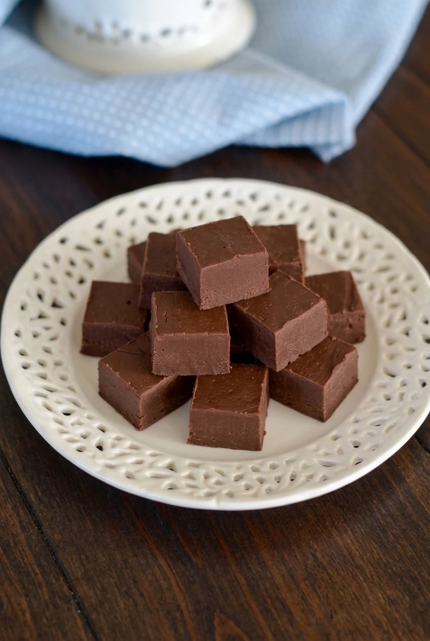 A wider plate of sugar-free chocolate fudge squares on a neutral tabletop.