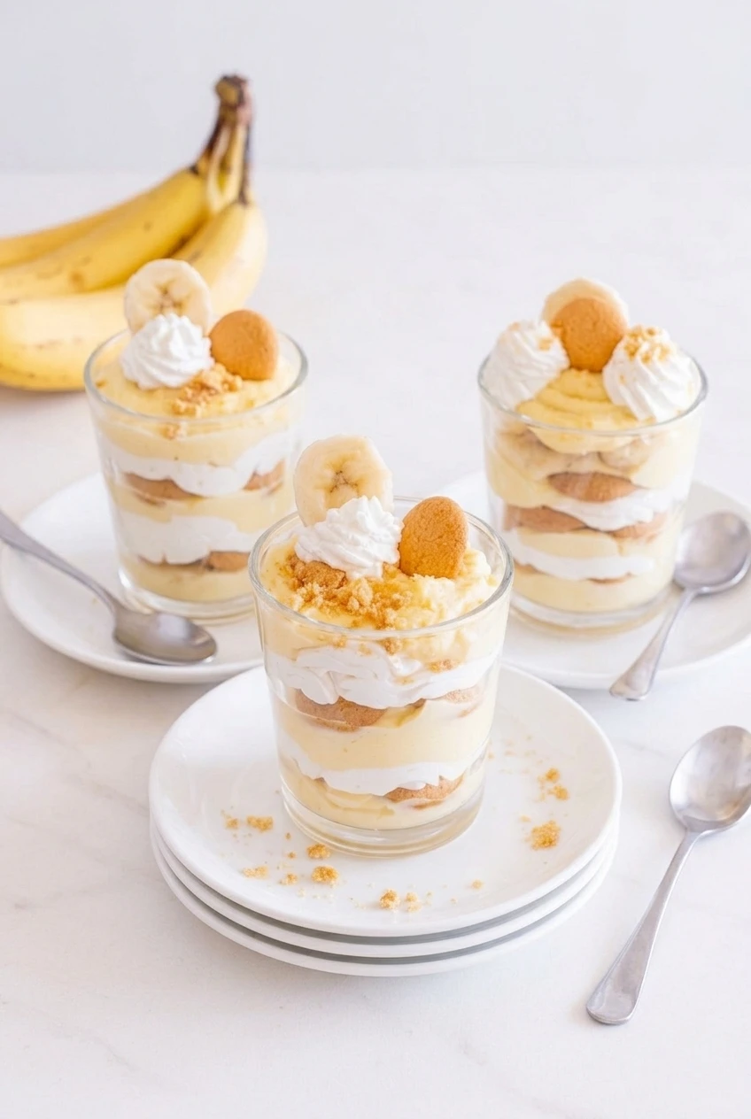Several clear glasses of sugar-free banana pudding parfaits shown in a wider view on a bright tabletop.