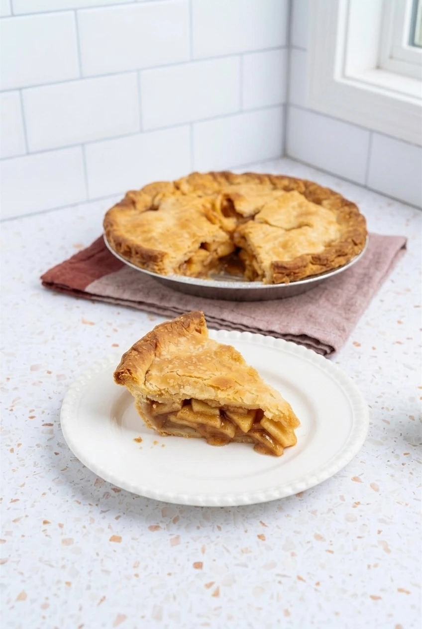 Wider view of a sugar-free apple pie wedge on a plate with the full round pie behind it