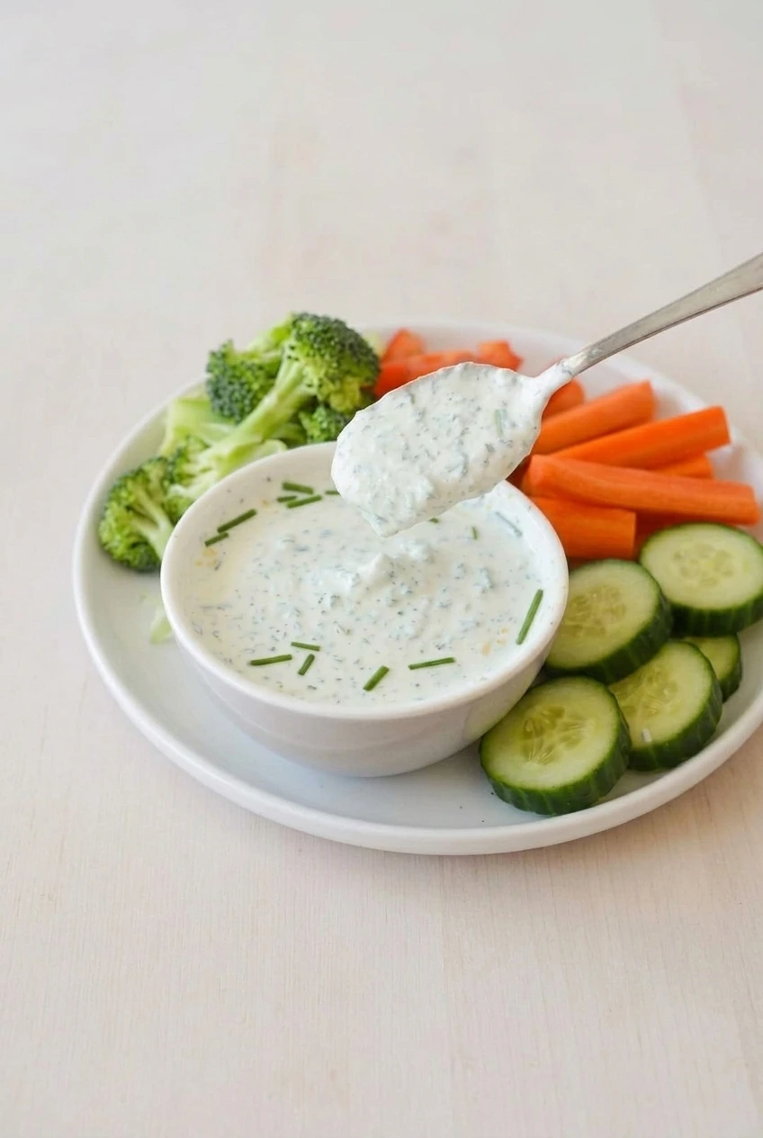 A wider view of cottage cheese ranch dip with broccoli, carrot sticks, and cucumber arranged around the bowl.