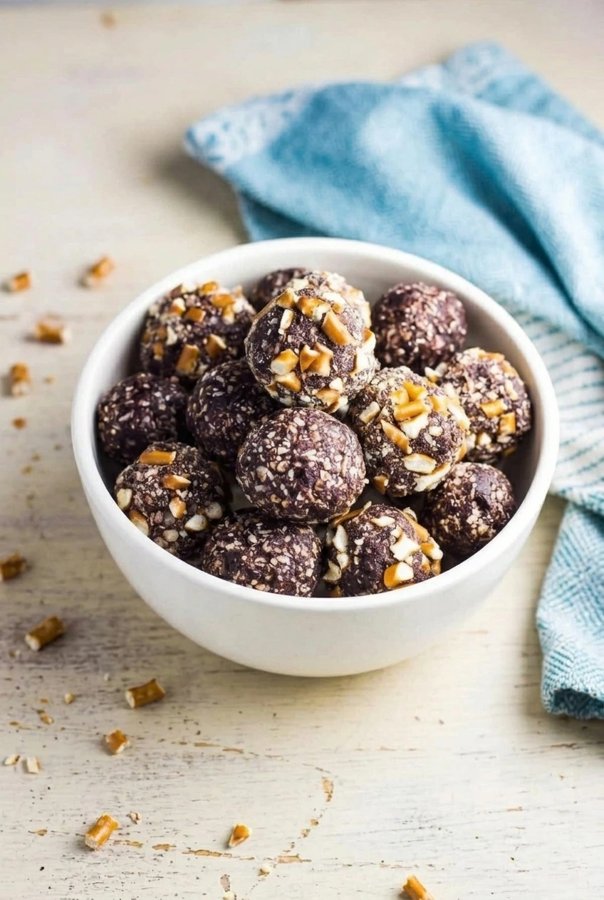 A full white bowl of cocoa date energy balls with visible pretzel pieces, photographed with blue-and-white cloth around it.