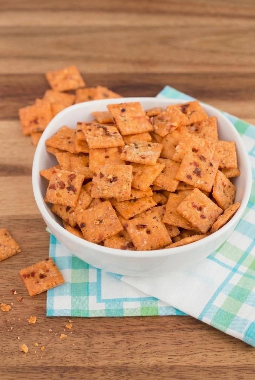 A full bowl of homemade baked Cheez-Its centered on a checked cloth over a wooden table.