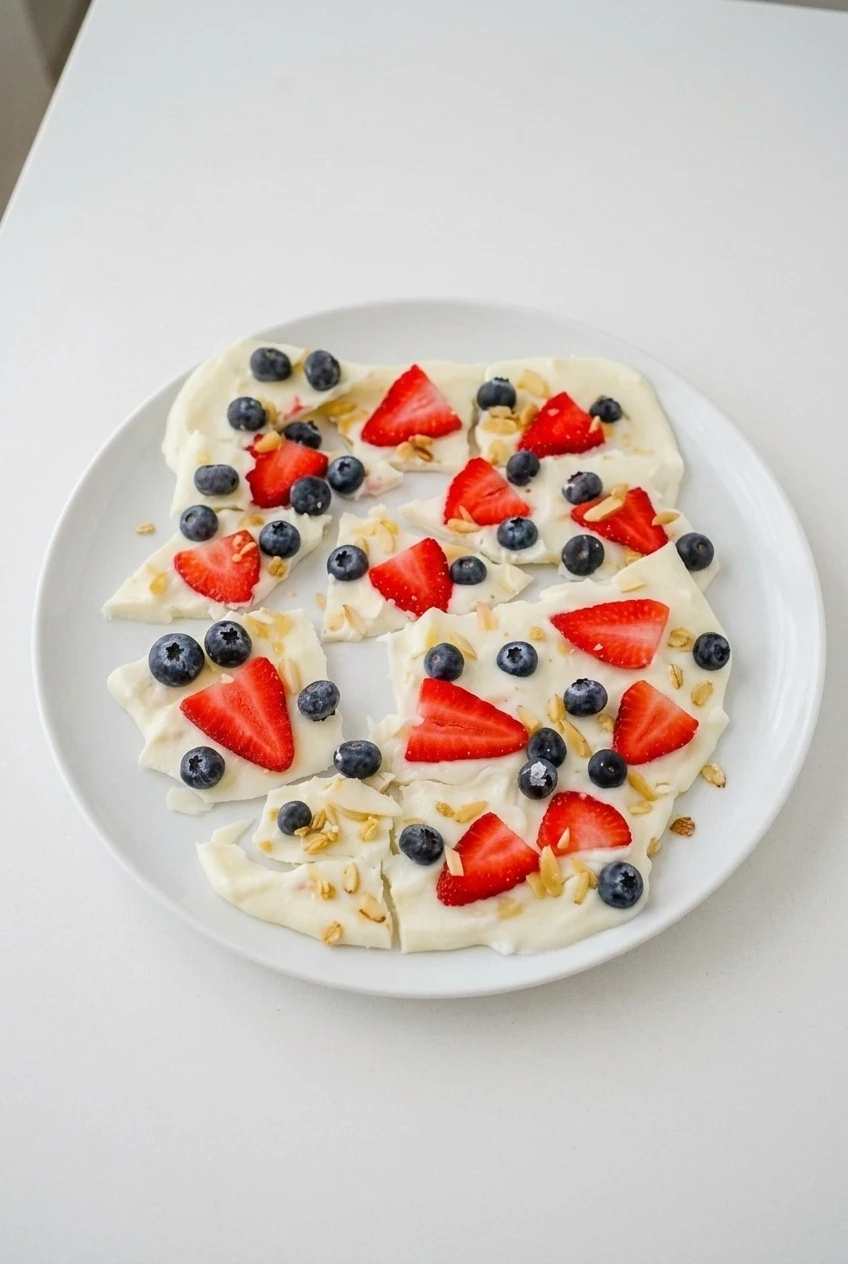 A full serving of berry and granola frozen yogurt bark arranged on a white plate