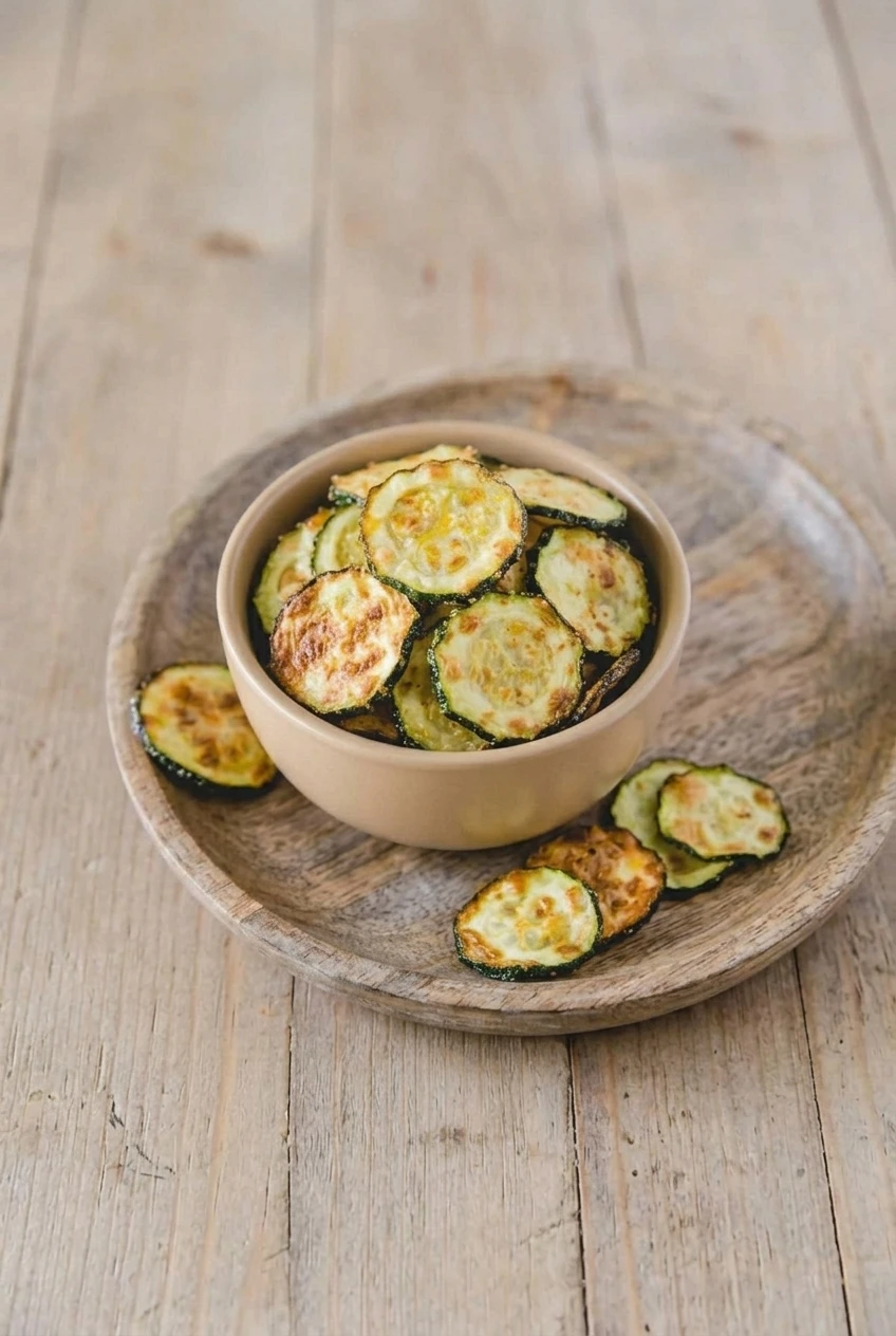A full bowl of Air Fryer Zucchini Chips with extra browned rounds scattered across a wooden platter