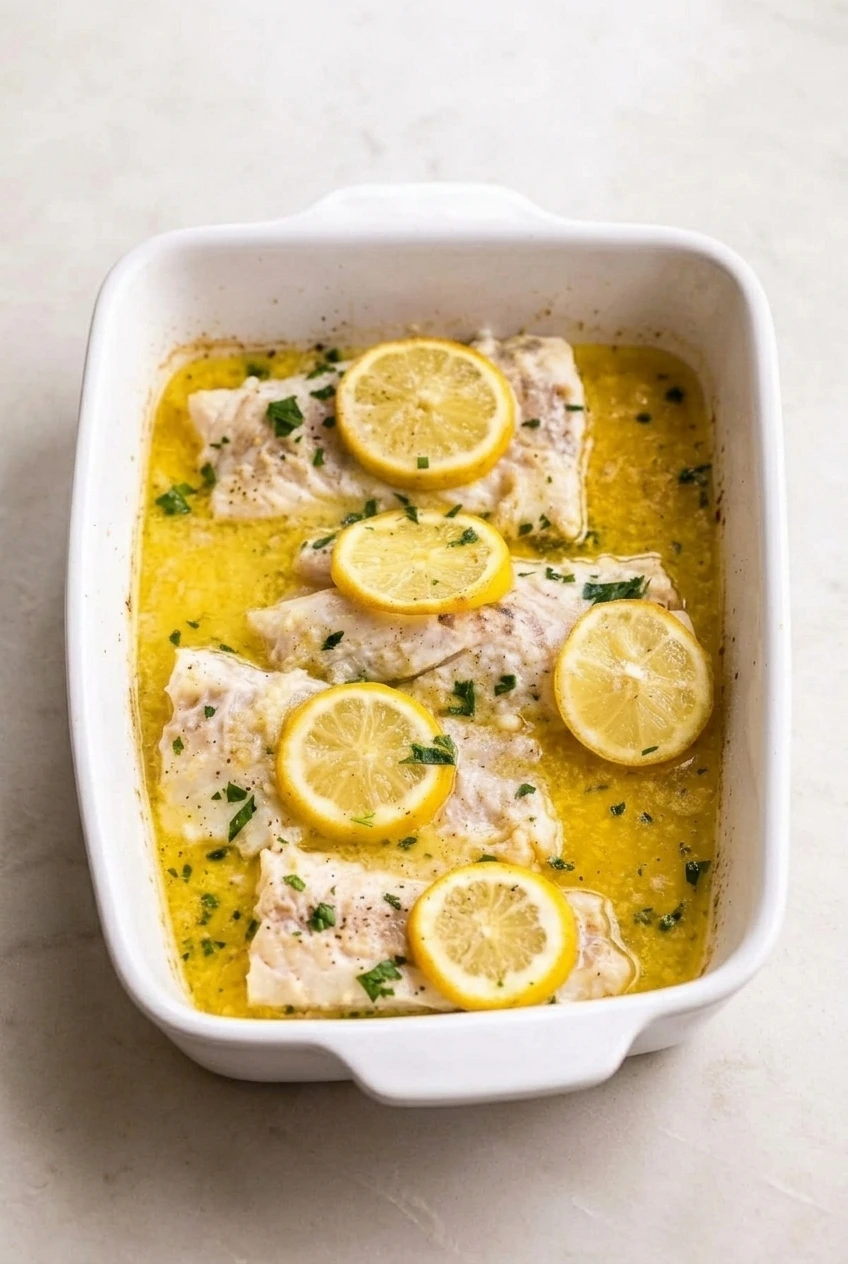 Full dish of lemon garlic butter baked cod centered on a light surface, with lemon rounds and parsley