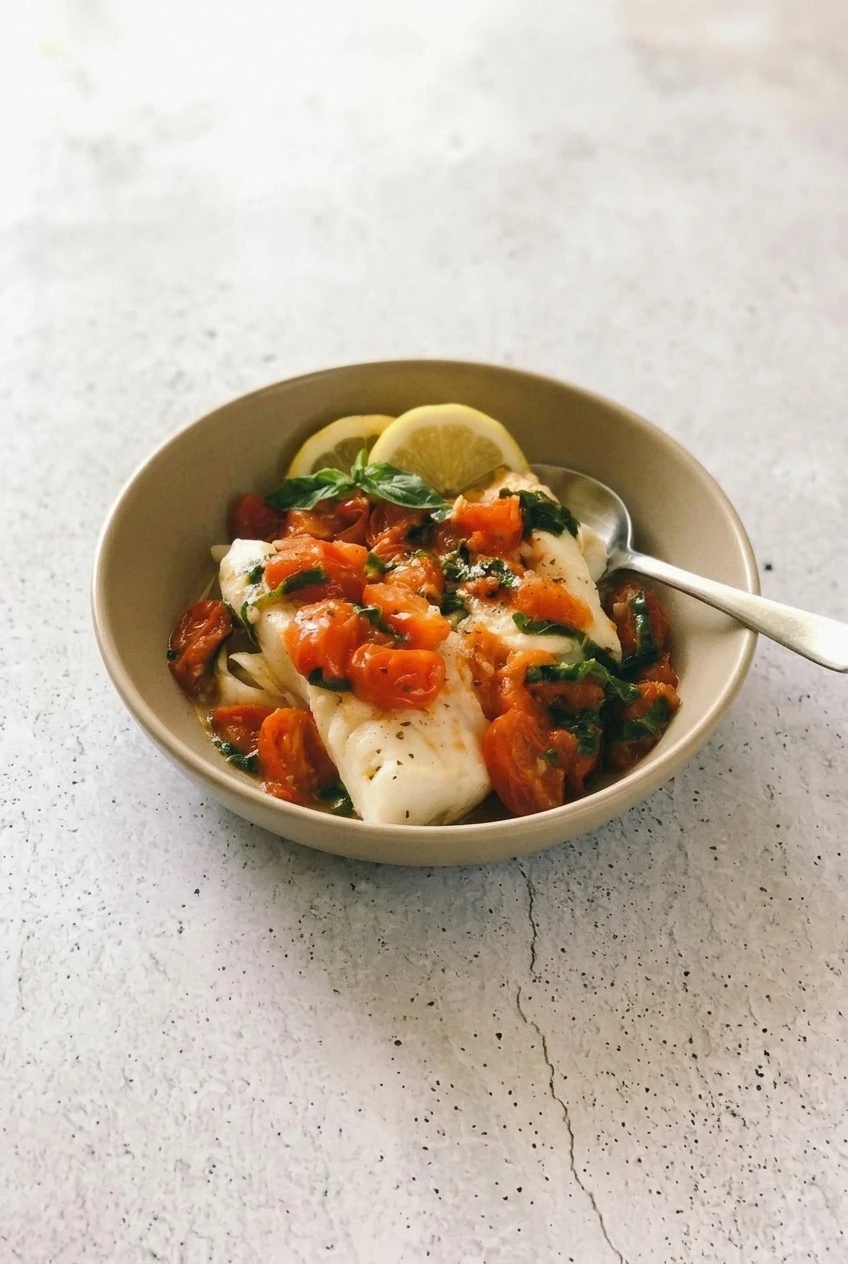 A full bowl of pan-seared cod with tomato basil sauce, shown with more of the light countertop around it.