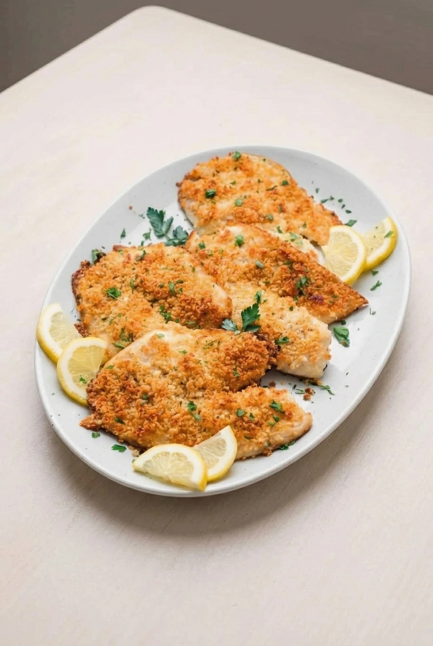 Whole Parmesan-crusted baked tilapia fillets with parsley and lemon on a platter, shown with more tabletop around it
