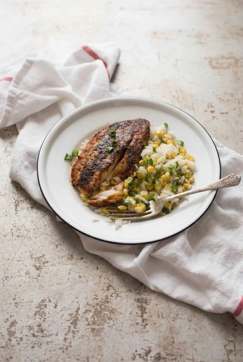 A full plate of blackened tilapia with rice, corn, and scallions on a pale tabletop