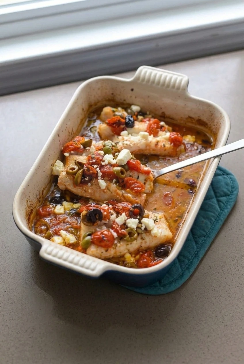 A full dish of Mediterranean baked white fish with tomatoes, mixed olives, and feta on a neutral countertop