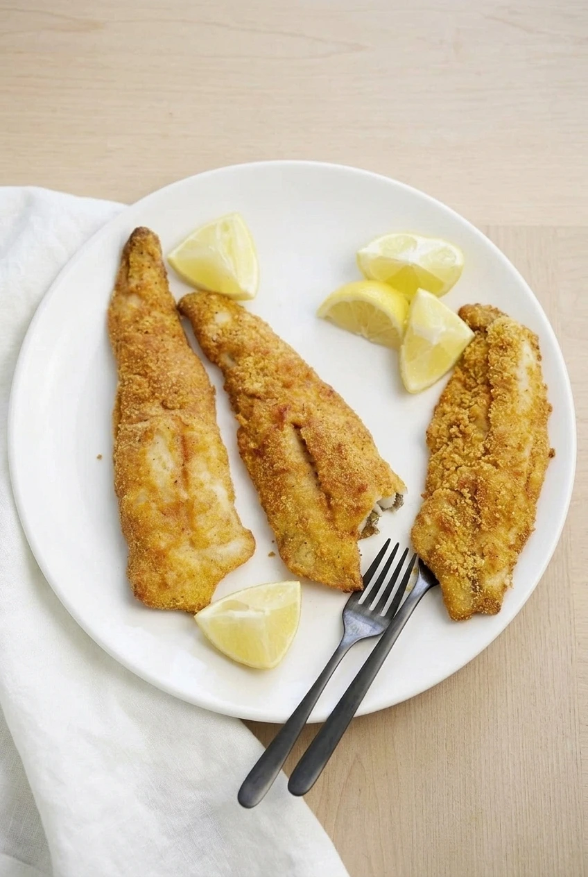 A full plate of golden air fryer fish fillets with lemon wedges, photographed with more table space around it.