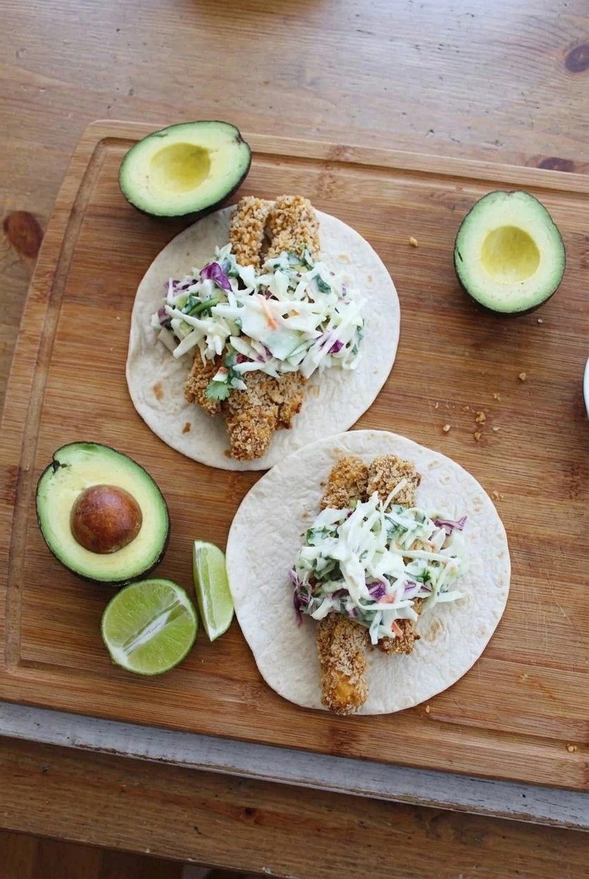 Two open-faced baked fish tacos with cilantro-lime slaw, avocado, and lime on a wooden board