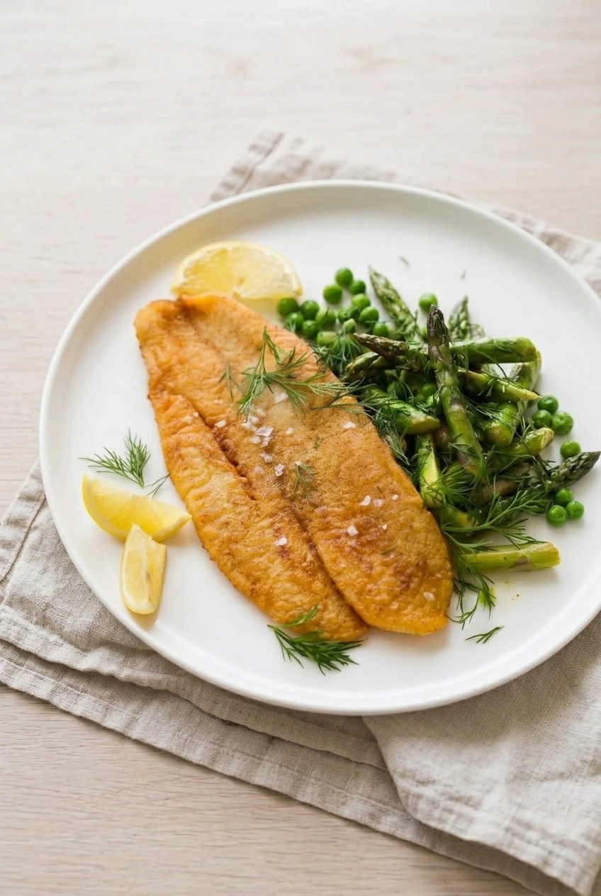 A full plate of pan-fried fish fillets with lemon, dill, asparagus, and peas on a neutral surface