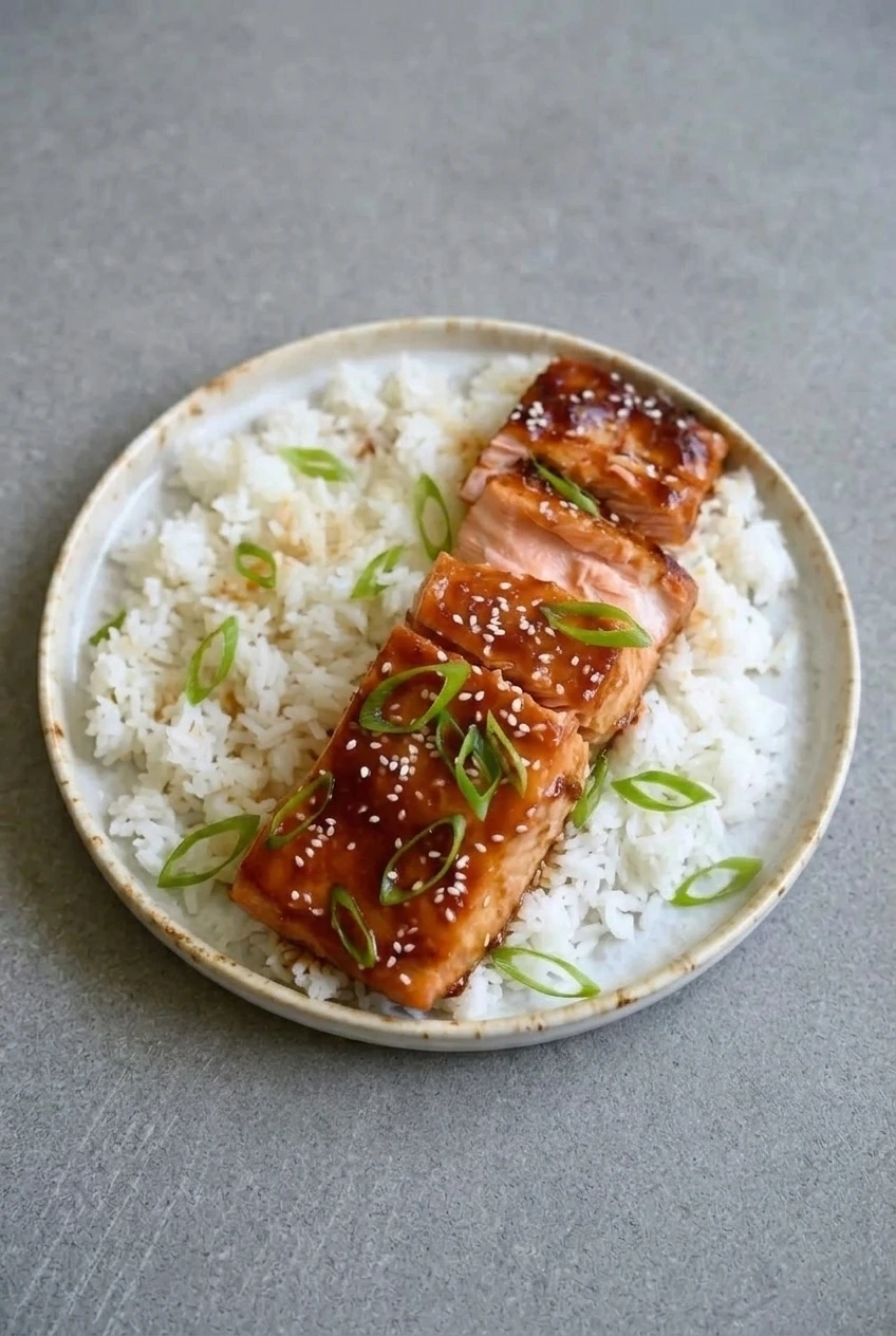 A full plate of honey garlic glazed salmon over white rice, with sesame seeds and scallions