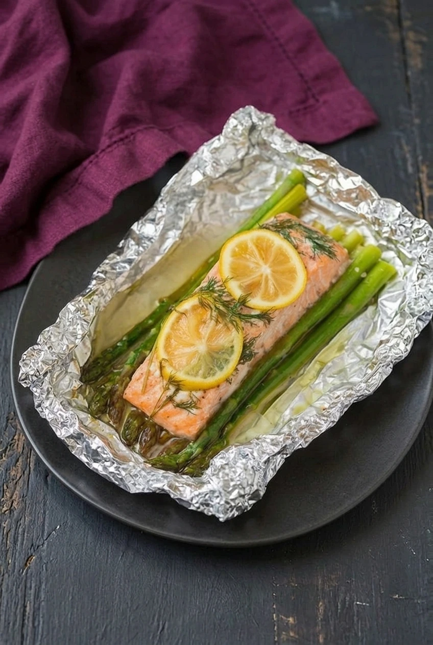 A complete salmon and asparagus foil packet with lemon and dill, shown on a dark surface