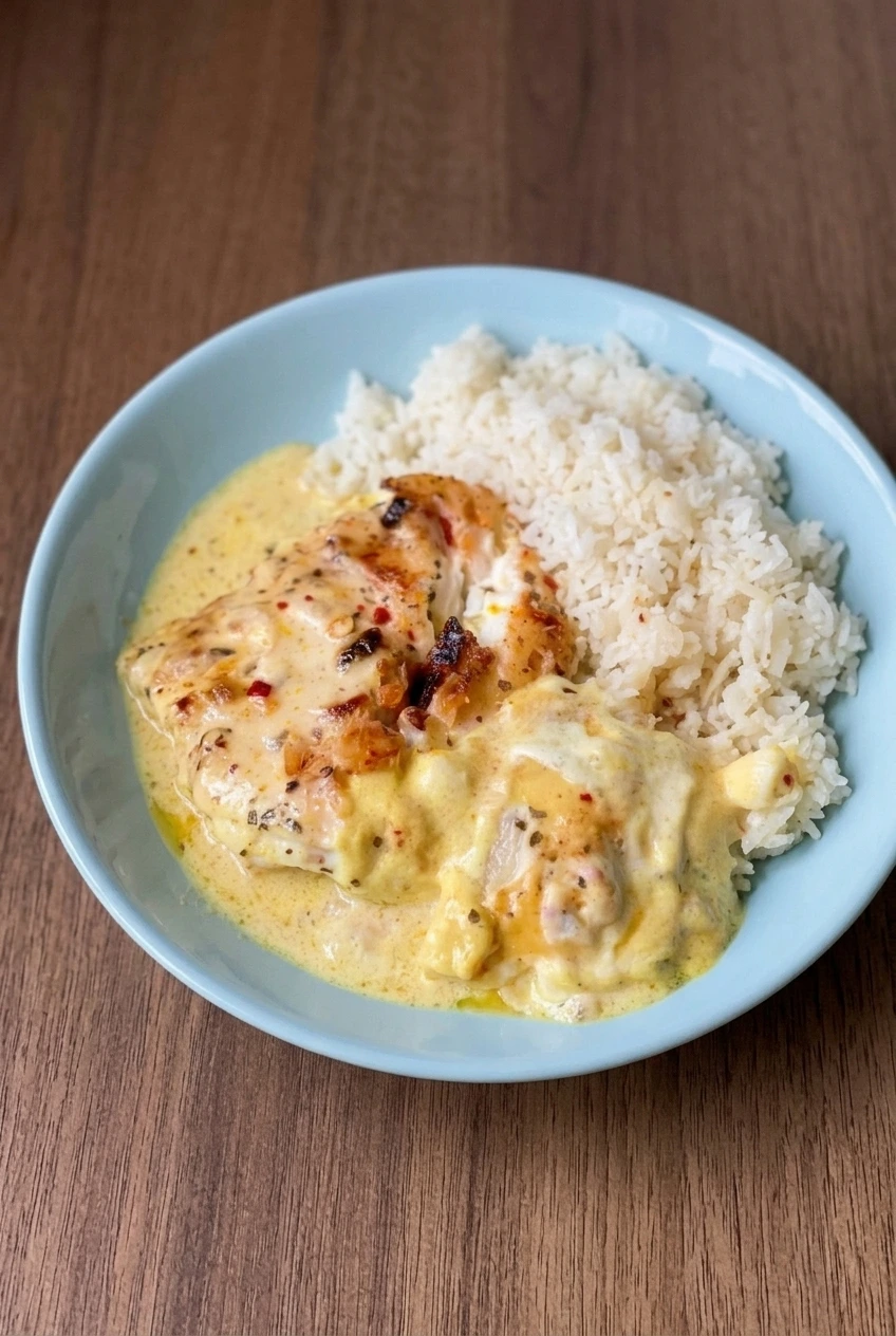 A full plate of coconut lime fish and rice, with sauced seared fillets beside a separate rice mound