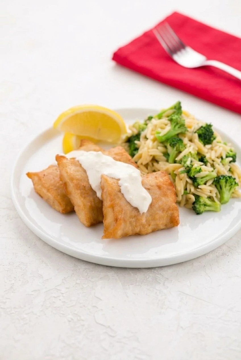 A full white plate of crispy fish bites with aioli drizzle and herbs on a pale surface