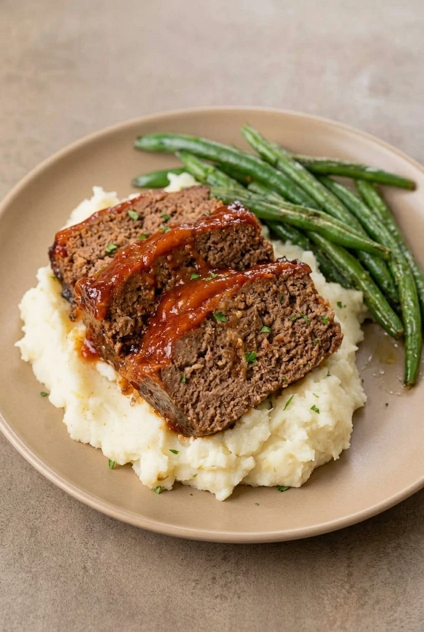 A full plate of glazed Cracker Barrel-style meatloaf slices with mashed potatoes and green beans