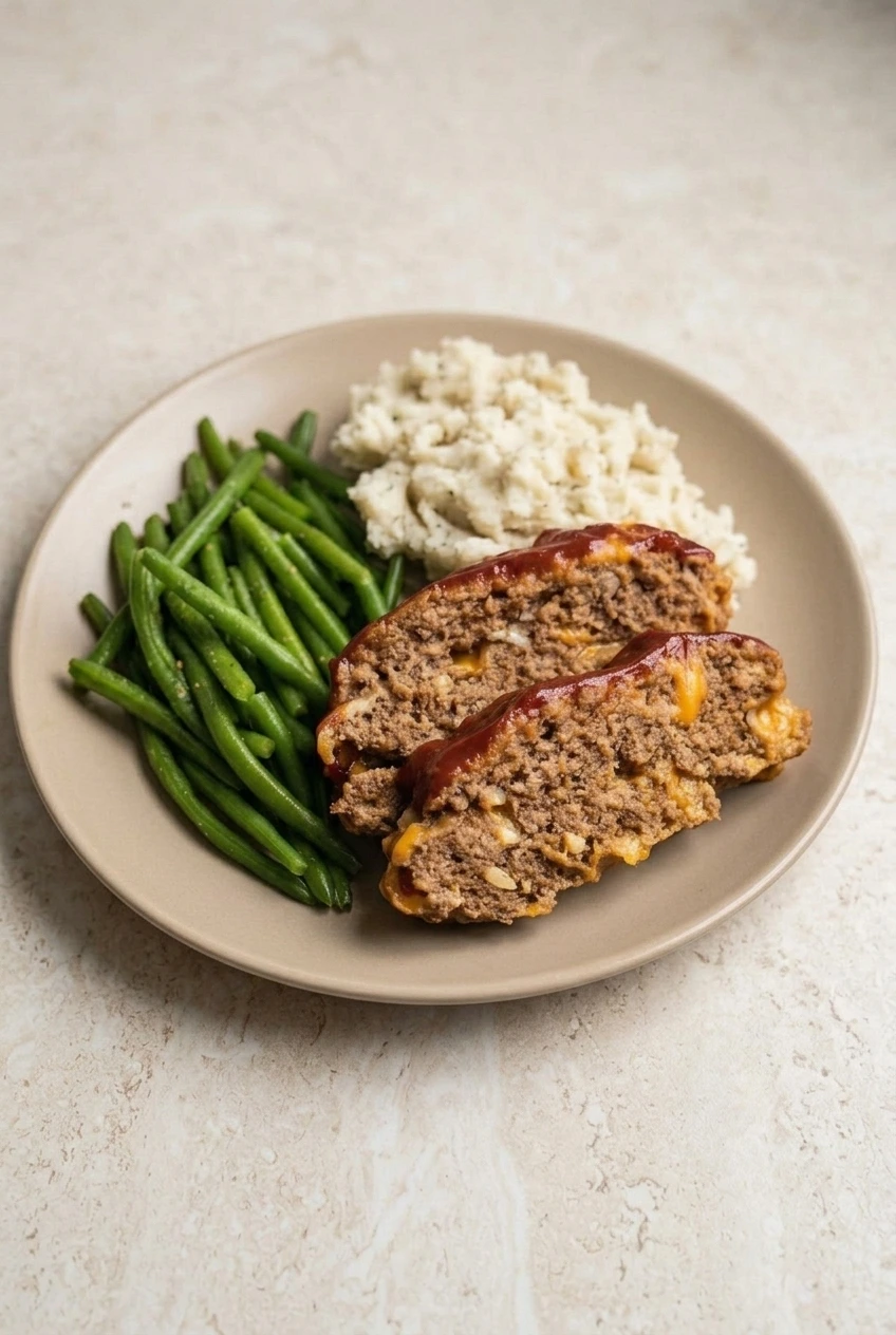 A full serving of sliced cheeseburger meatloaf with mashed potatoes and green beans on a plate, photographed with more tabletop visible