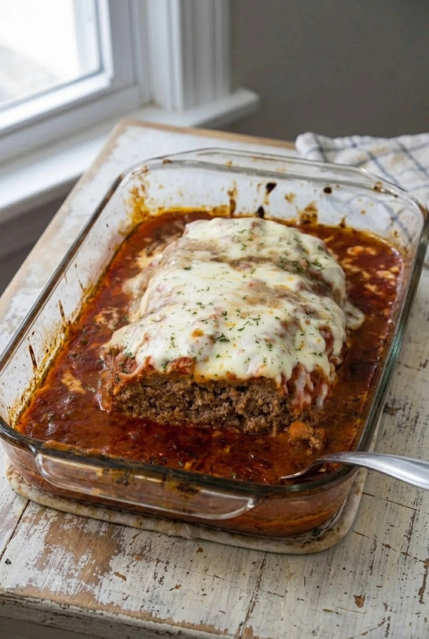 Whole mozzarella-topped Italian meatloaf in a glass baking dish, surrounded by marinara
