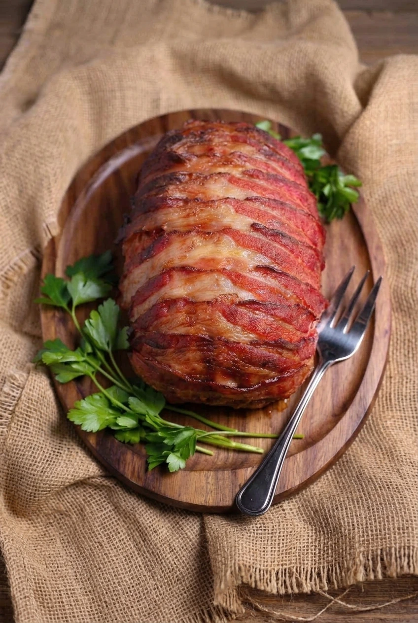 Whole bacon-wrapped meatloaf on a wooden platter, shown with more of the burlap-textured surface