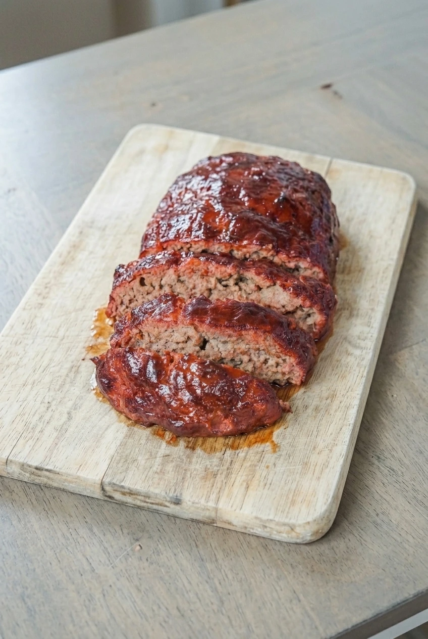 A wider view of sliced BBQ meatloaf arranged on a wooden board with the remaining loaf behind it.