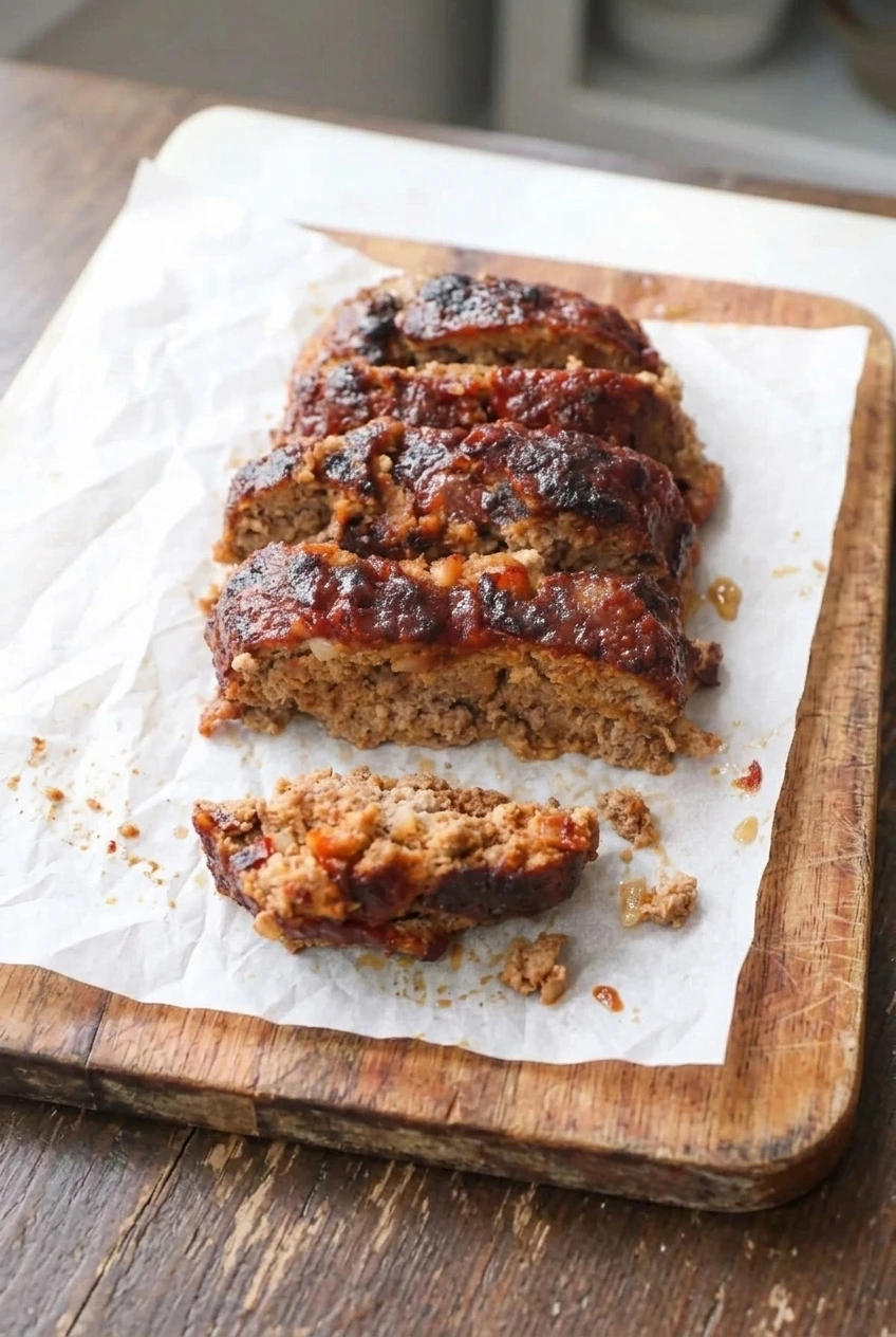 A wider view of thick glazed air fryer meatloaf slices arranged on parchment over a wooden board.