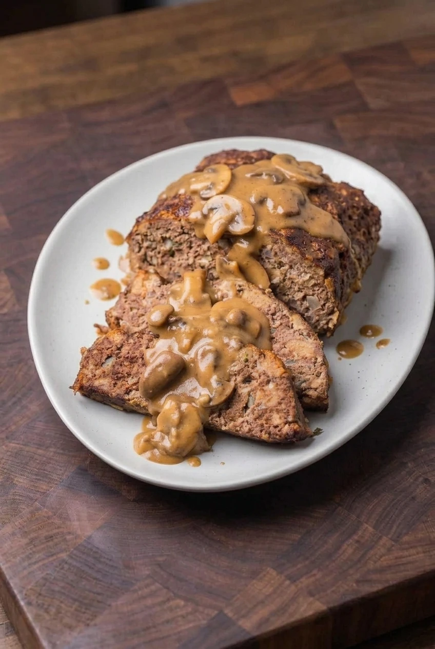 A full plate of overlapping brown gravy meatloaf slices with mushrooms, shown with more tabletop around it
