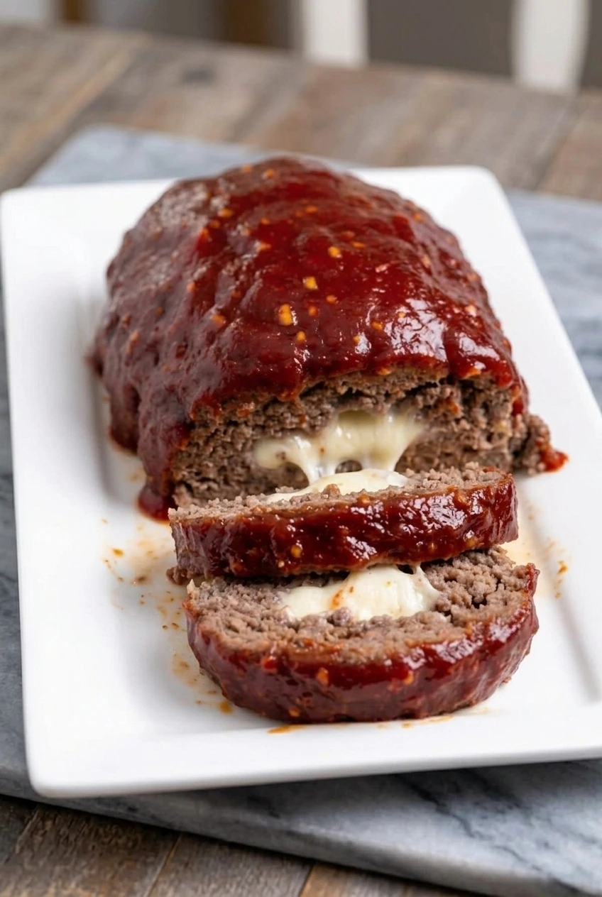 Whole glazed mozzarella-stuffed meatloaf and thick cheese-filled slices arranged on a platter